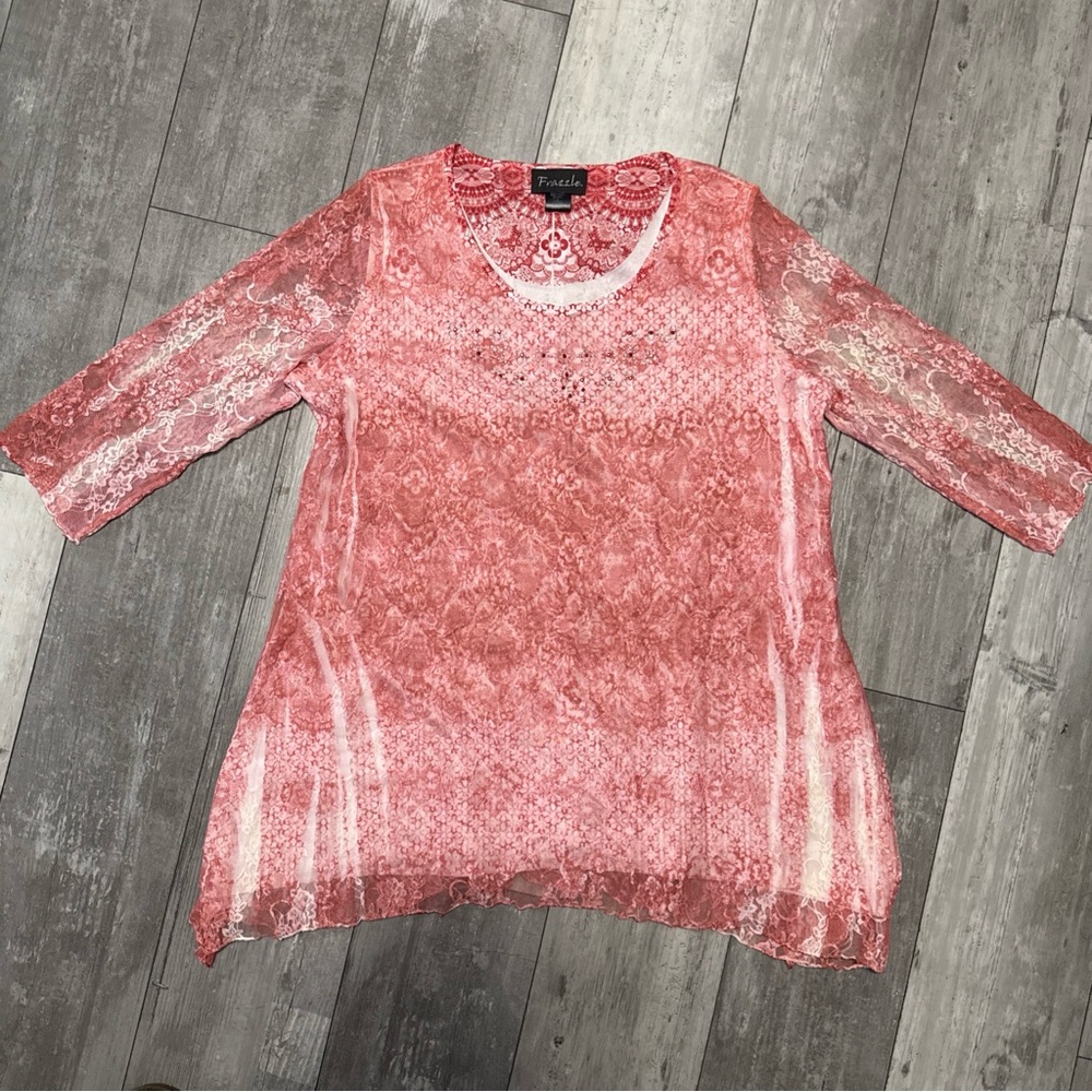 Women's Tunic Top Mesh Blouse size Xlg Light Red Lightweight Lagenlady relaxfit